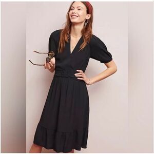 Anthropologie Maeve Martina Belted Black Knee Length Dress Size 4 Short Sleeve